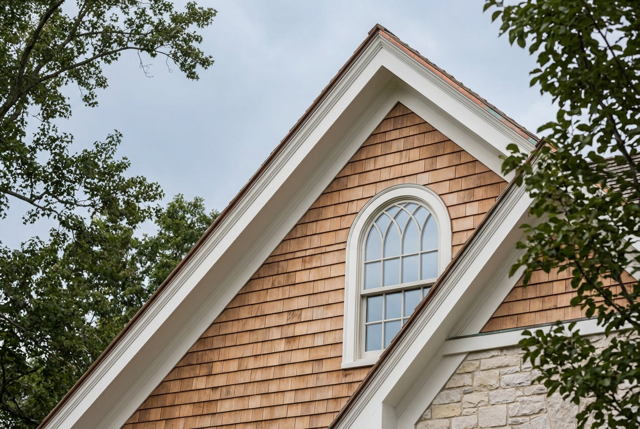 Cedar-shingle gable with a gothic divided-light window, crisp white trim, and copper flashing