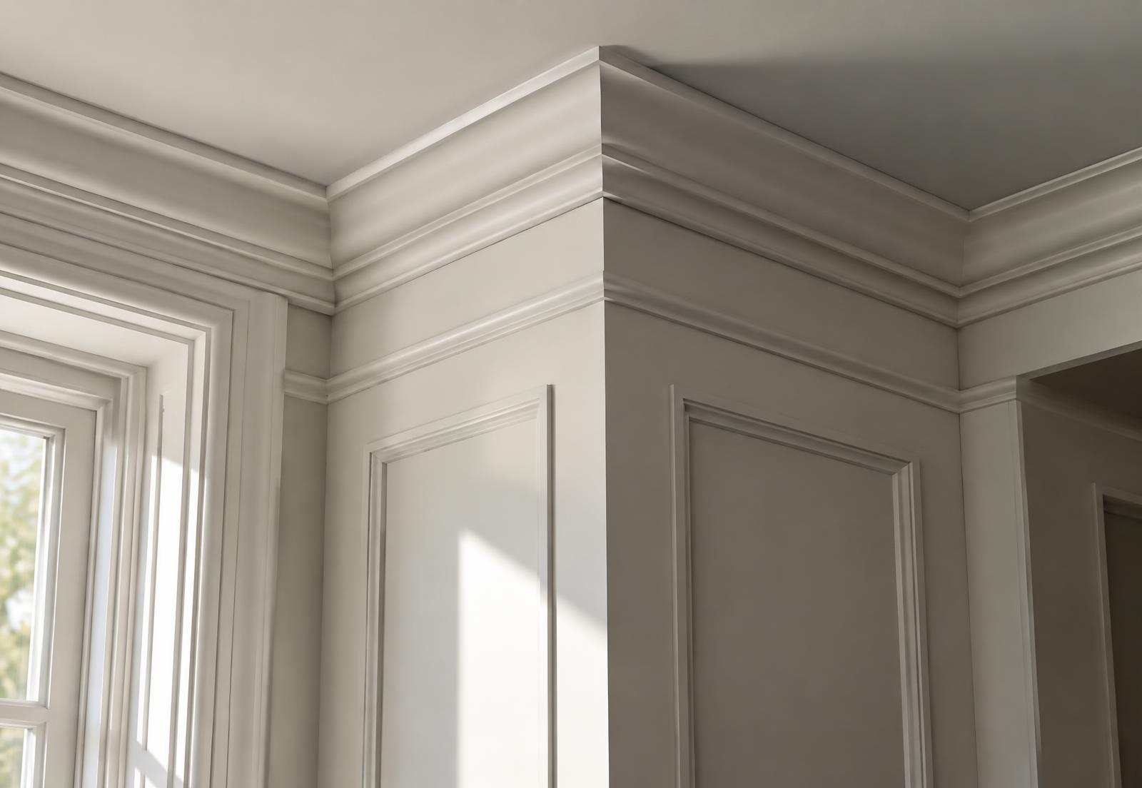 Hand-run crown molding and paneled wainscot meeting at a precise interior corner