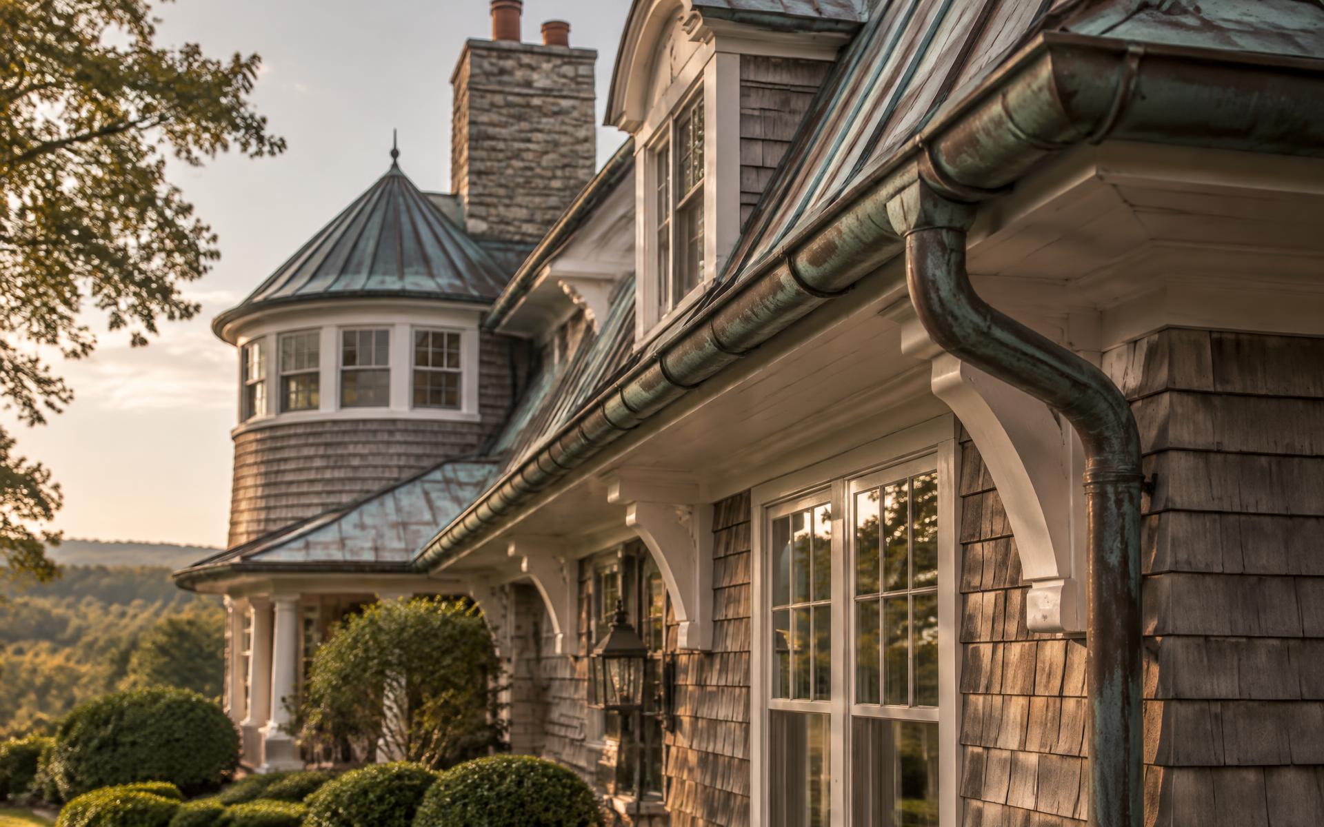 Cedar shingle, aged copper, and white trim on a shingle-style New Jersey estate