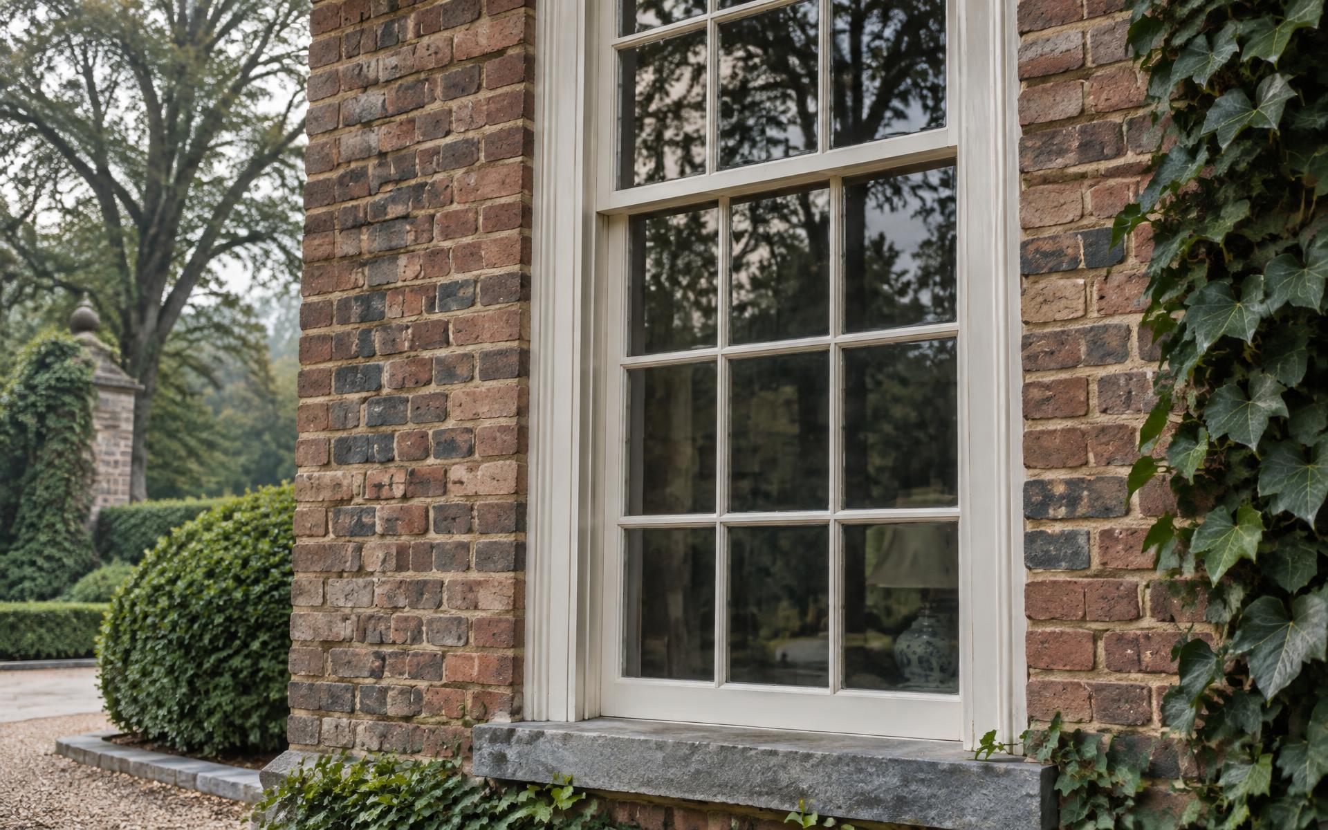 Traditional multi-pane window set in hand-laid brickwork with a bluestone sill